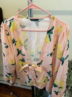 SHEIN Pink Lemon Print Tie-Front Top